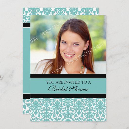 Blauwgroen Damask Photo Bridal Shower Invitation C Kaart (Voorkant / Achterkant)