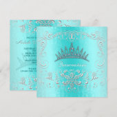 Blauwgroen Damask Quinceanera Diamond Tiara Invite Kaart (Voorkant / Achterkant)