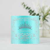Blauwgroen Damask Quinceanera Diamond Tiara Invite Kaart (Staand voorkant)