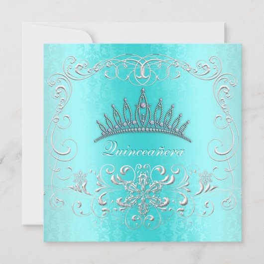 Blauwgroen Damask Quinceanera Diamond Tiara Invite Kaart (Voorkant)