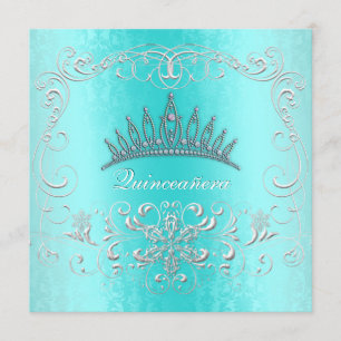 Blauwgroen Damask Quinceanera Diamond Tiara Invite Kaart