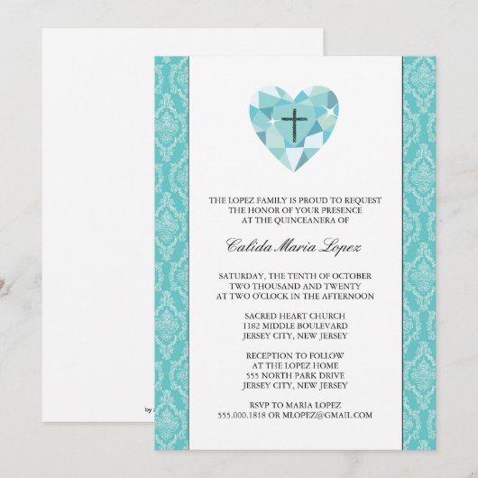 Blauwgroen Damask Quinceanera-uitnodigingen Kaart (Voorkant / Achterkant)