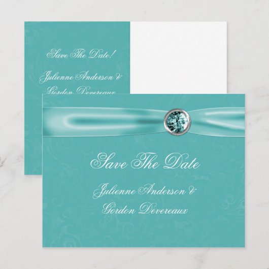 Blauwgroen Damask Ribbon Jewels Sla de datum op Aankondigingskaart (Voorkant / Achterkant)