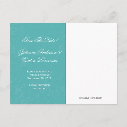 Blauwgroen Damask Ribbon Jewels Sla de datum op Aankondigingskaart (Achterkant)