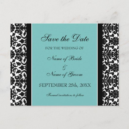 Blauwgroen Damask Save the Date Wedding Briefkaart (Voorkant)