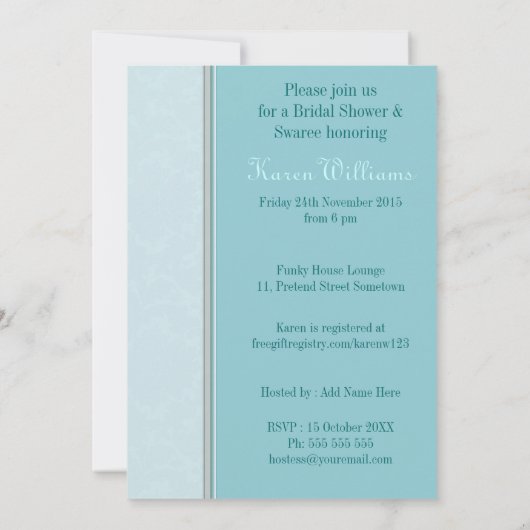 Blauwgroen Damask Simple Bridal Shower-uitnodiging Kaart (Achterkant)