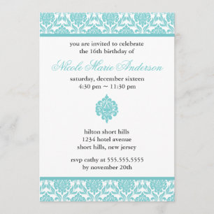 Blauwgroen Damask Sweet Sixteen-uitnodigingen Kaart