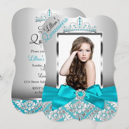 Blauwgroen Damask Tiara Foto Quinceanera Invite Kaart (Voorkant / Achterkant)