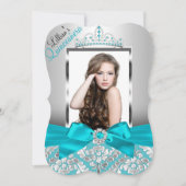 Blauwgroen Damask Tiara Foto Quinceanera Invite Kaart (Voorkant)