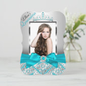 Blauwgroen Damask Tiara Foto Quinceanera Invite Kaart (Staand voorkant)