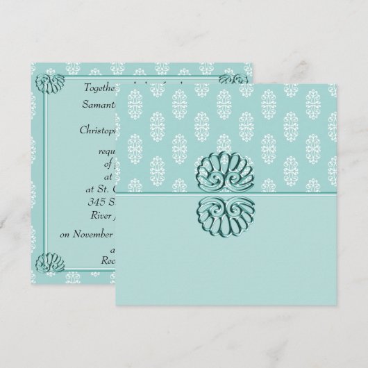 Blauwgroen Damask Wedding Kaart (Voorkant / Achterkant)