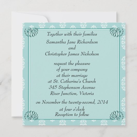 Blauwgroen Damask Wedding Kaart (Achterkant)