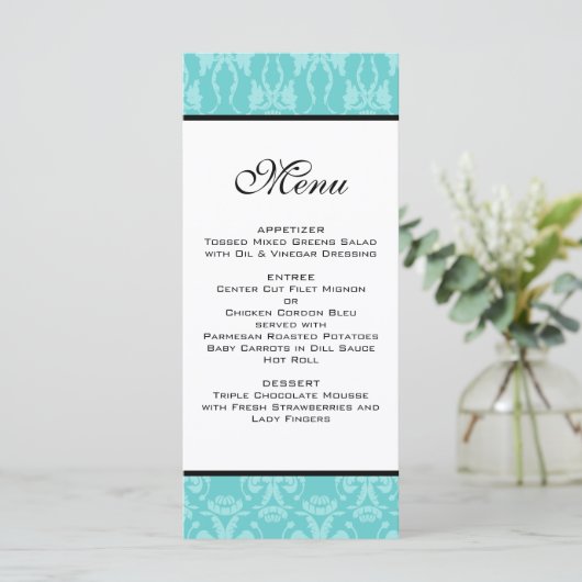 Blauwgroen Damask Wedding Menu (Staand voorkant)