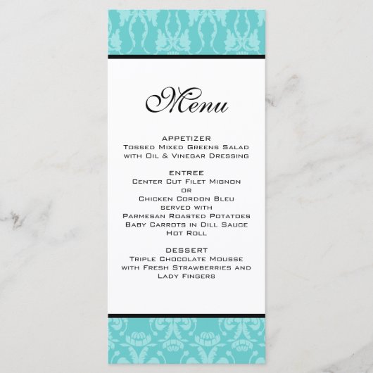 Blauwgroen Damask Wedding Menu (Voorkant)