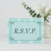 Blauwgroen Damask Wedding RSVP (Staand voorkant)