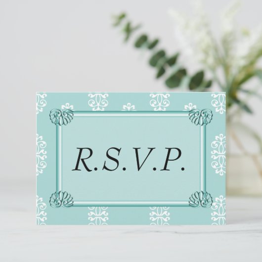 Blauwgroen Damask Wedding RSVP (Staand voorkant)