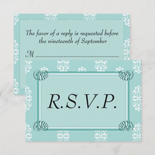 Blauwgroen Damask Wedding RSVP (Voorkant / Achterkant)