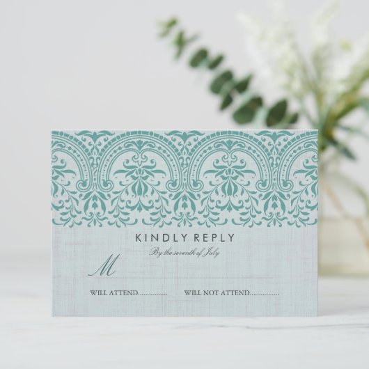 Blauwgroen  Damask Wedding RSVP (Staand voorkant)
