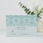 Blauwgroen  Damask Wedding RSVP Kaartje (Staand voorkant)