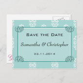 Blauwgroen Damask Wedding Save the Date Aankondigingskaart (Voorkant / Achterkant)