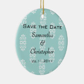 Blauwgroen Damask Wedding Save the Date Keramisch Ornament (Rechts)