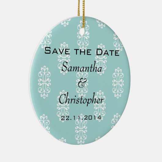 Blauwgroen Damask Wedding Save the Date Keramisch Ornament (Rechts)