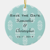 Blauwgroen Damask Wedding Save the Date Keramisch Ornament (Voorkant)