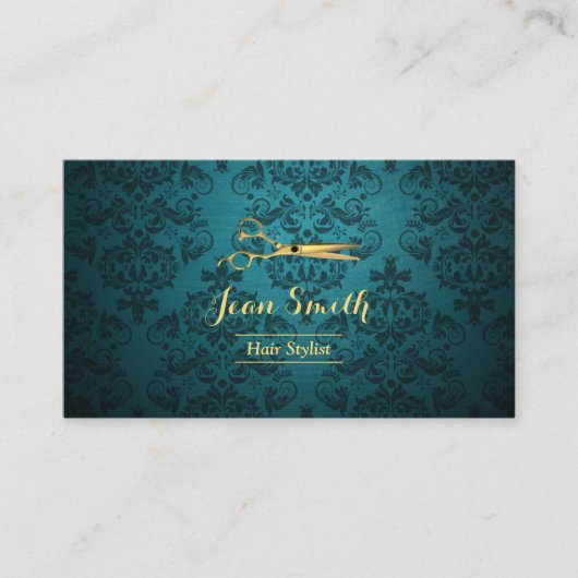  Blauwgroen Damaskast Gold Scissor Hair Stylist Visitekaartje (Voorkant)