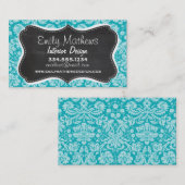 Blauwgroen Damaskpatroon; Retro schoolbord Visitekaartje (Voorkant / Achterkant)