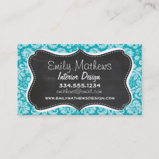 Blauwgroen Damaskpatroon; Retro schoolbord Visitekaartje (Voorkant)