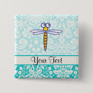 Blauwgroen DamasPatroon Dragonfly Vierkante Button 5,1 Cm