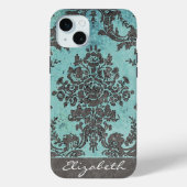  Blauwgroen Damaspatroon met monogram Case-Mate iPhone Case (Achterkant)