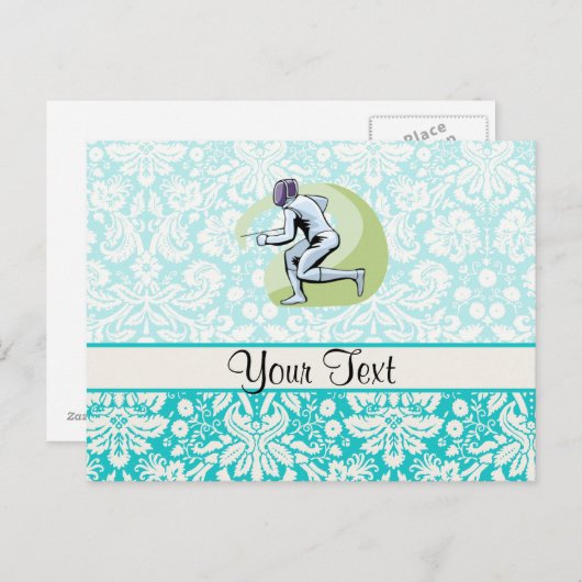 Blauwgroen DamasPatroonafschermend Briefkaart (Voorkant / Achterkant)