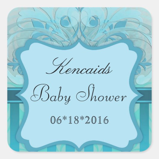 Blauwgroen Damast Baby shower Vierkante Sticker (Voorkant)