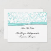 Blauwgroen damast met Blauwgroen lint Bewaar de da Aankondigingskaart (Voorkant / Achterkant)