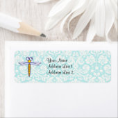 Blauwgroen damast patroon libel etiket (Insitu)