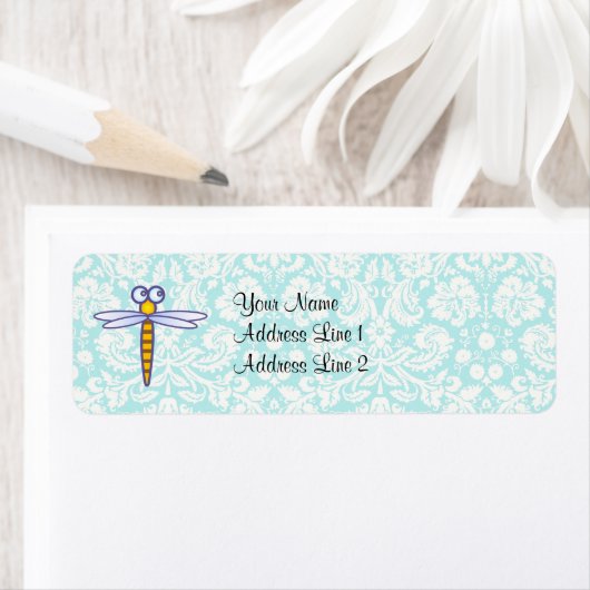 Blauwgroen damast patroon libel etiket (Insitu)