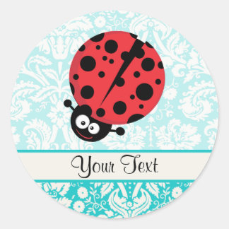 Blauwgroen damast patroon lieveheersbeestje ronde sticker