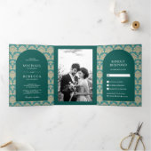 Blauwgroen damast patroon Marokkaanse boog bruilof Drieluik Uitnodiging (Binnen)