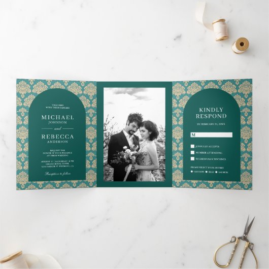 Blauwgroen damast patroon Marokkaanse boog bruilof Drieluik Uitnodiging (Binnen)