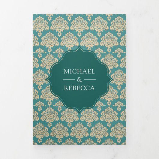 Blauwgroen damast patroon Marokkaanse boog bruilof Drieluik Uitnodiging (Cover)