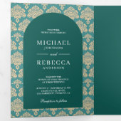 Blauwgroen damast patroon Marokkaanse boog bruilof Drieluik Uitnodiging (Binnenzijde eerst)