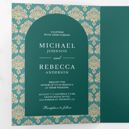 Blauwgroen damast patroon Marokkaanse boog bruilof Drieluik Uitnodiging (Binnenzijde eerst)