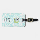 Blauwgroen damast patroonafrastering bagagelabel (Voorkant horizontaal)