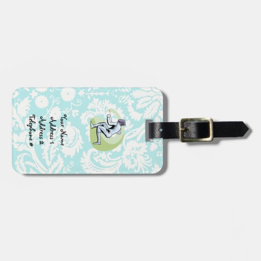 Blauwgroen damast patroonafrastering bagagelabel (Voorkant horizontaal)