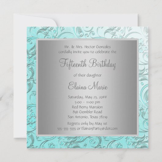 Blauwgroen Damast Quinceanera Kaart (Achterkant)