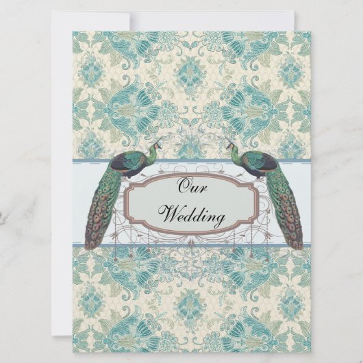 blauwgroen damtbruiloft met pauw en elegant crème kaart (Voorkant)