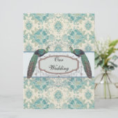 blauwgroen damtbruiloft met pauw en elegant crème kaart (Staand voorkant)