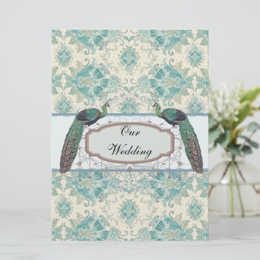 blauwgroen damtbruiloft met pauw en elegant crème kaart (Staand voorkant)