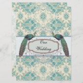blauwgroen damtbruiloft met pauw en elegant crème kaart (Voorkant / Achterkant)